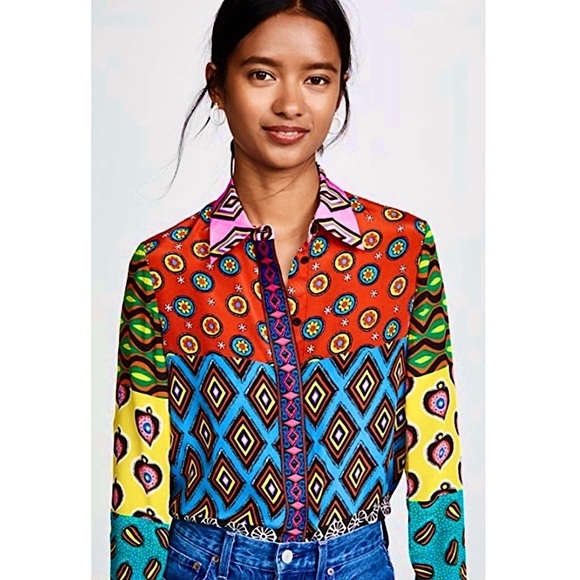 ALICE OLIVIA Silk Colorblock Patchwork Print Long Sleeve Embroidered Trim Top XS - Picture 5 of 12